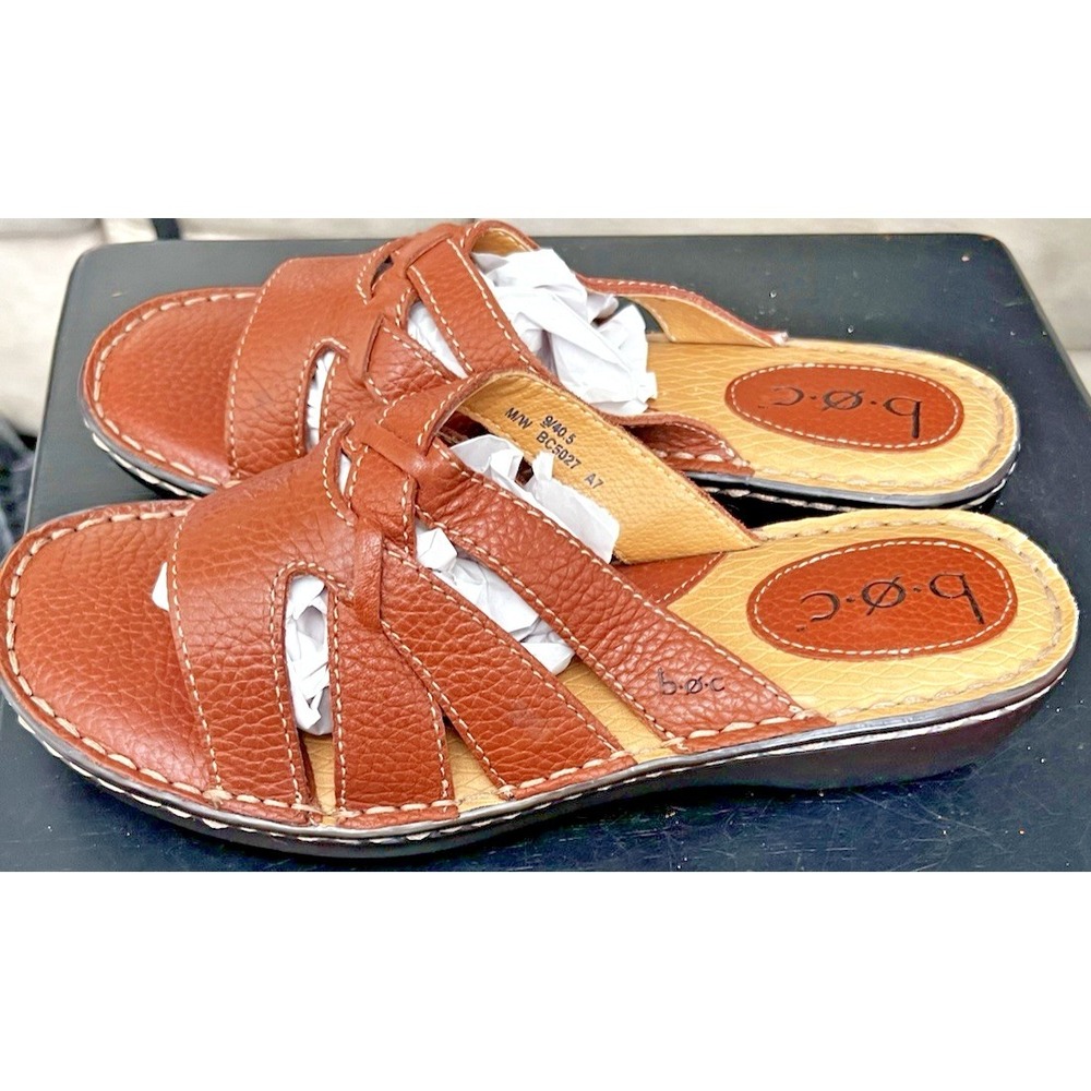 B.O.C. Camel Brown Leather Slide Sandals Comfort Cushioned Women's Size 9M